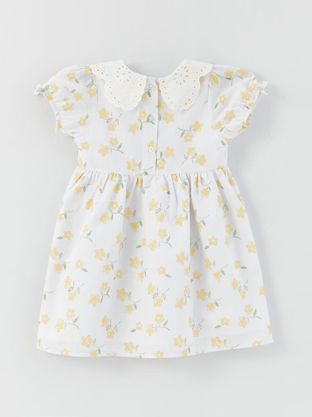 Sarı Bebe Yaka Kısa Kollu Desenli Kız Bebek Elbise-1