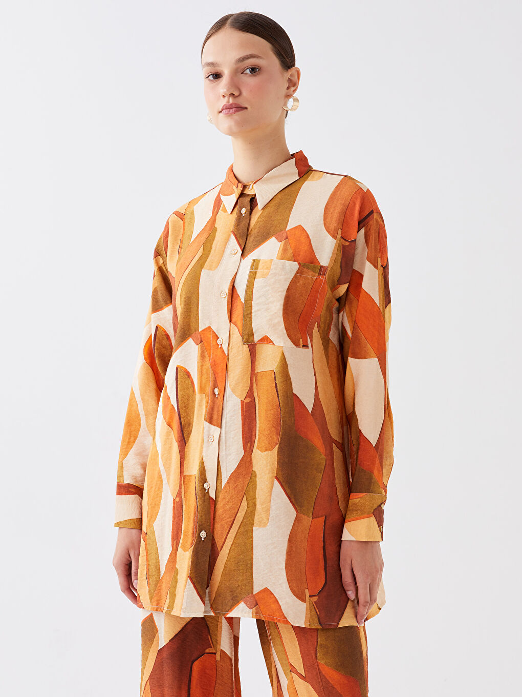 Turuncu Desenli Kadın Gömlek Tunik