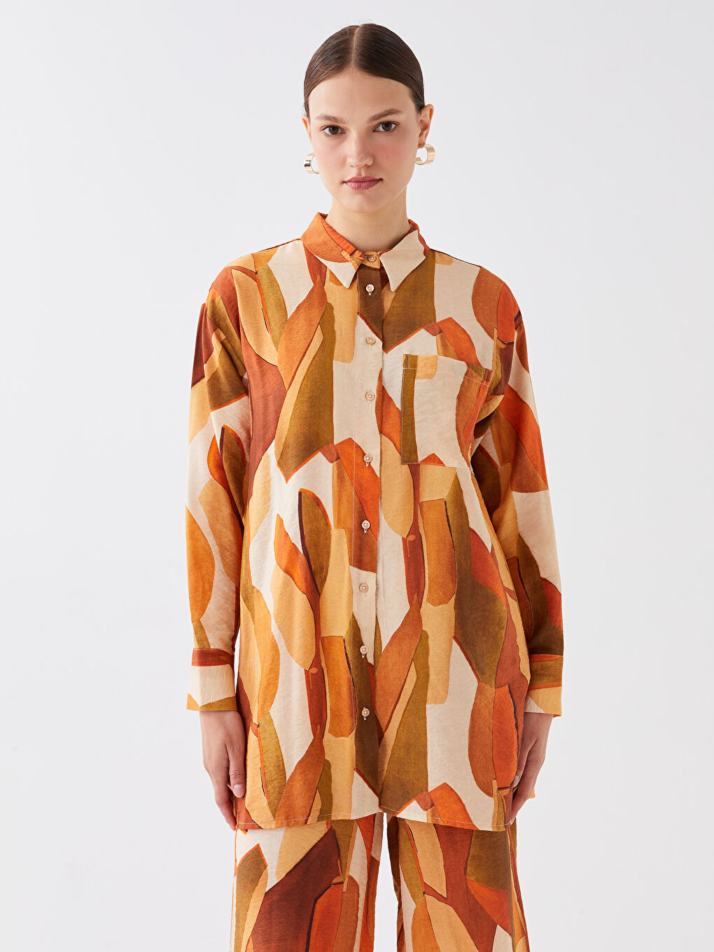 Turuncu Desenli Kadın Gömlek Tunik-1