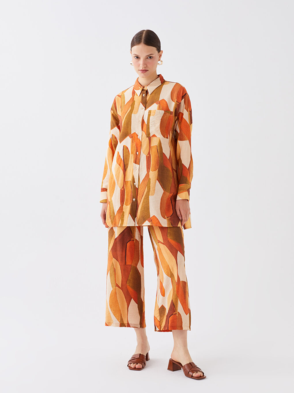 Turuncu Desenli Kadın Gömlek Tunik-2