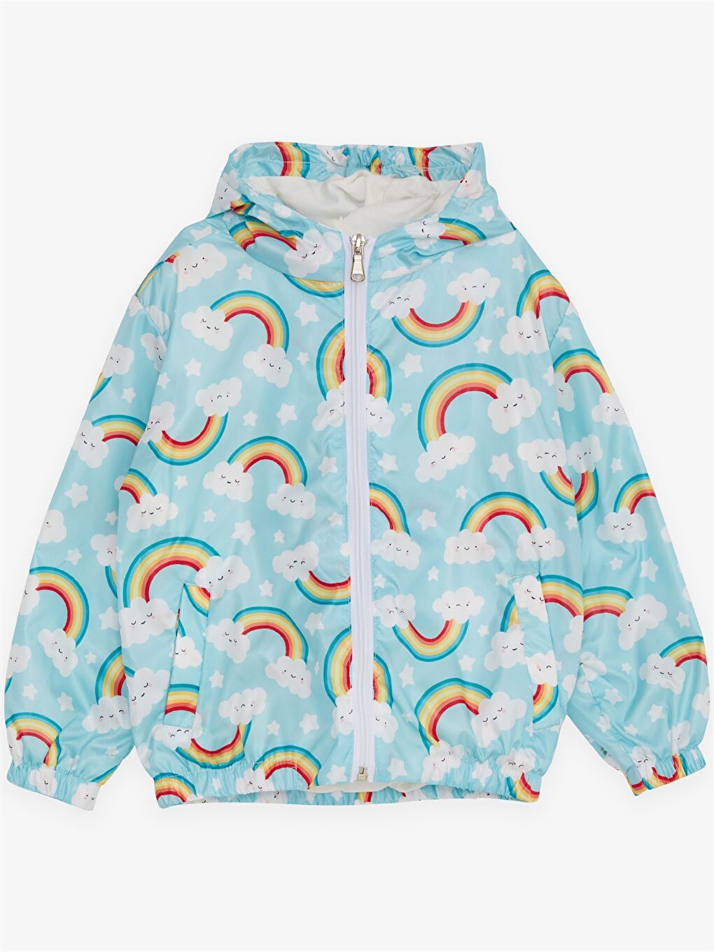 Turkuaz Kapüşonlu Uzun Kollu Desenli Kız Bebek Mont