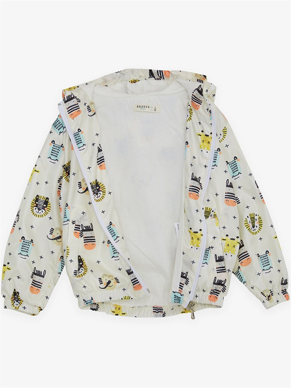 Ekru Kapüşonlu Uzun Kollu Desenli Erkek Bebek Mont-1