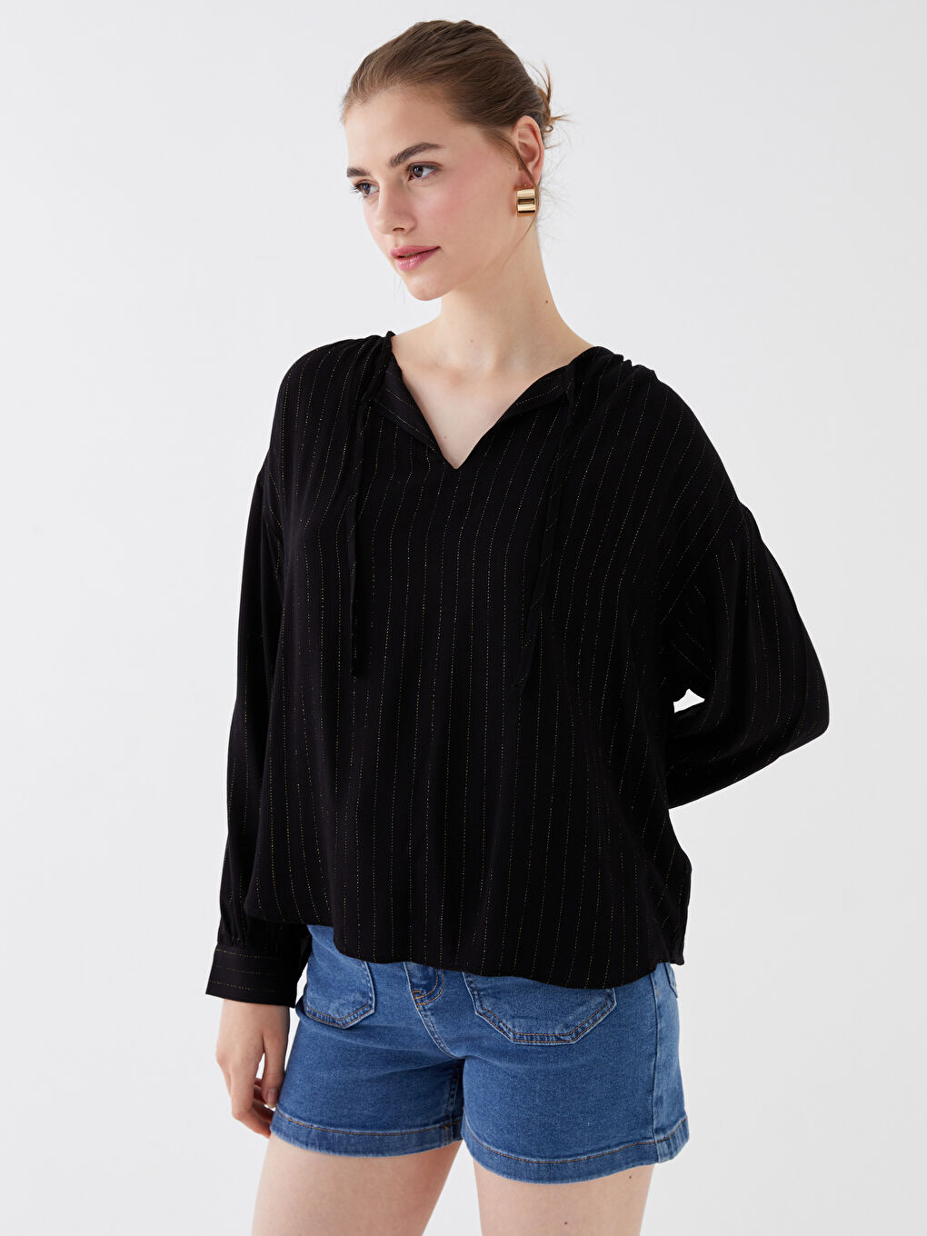 Tie Neck Striped Long Sleeve Women's Blouse