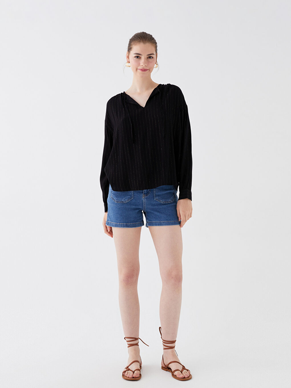 Tie Neck Striped Long Sleeve Women's Blouse-1