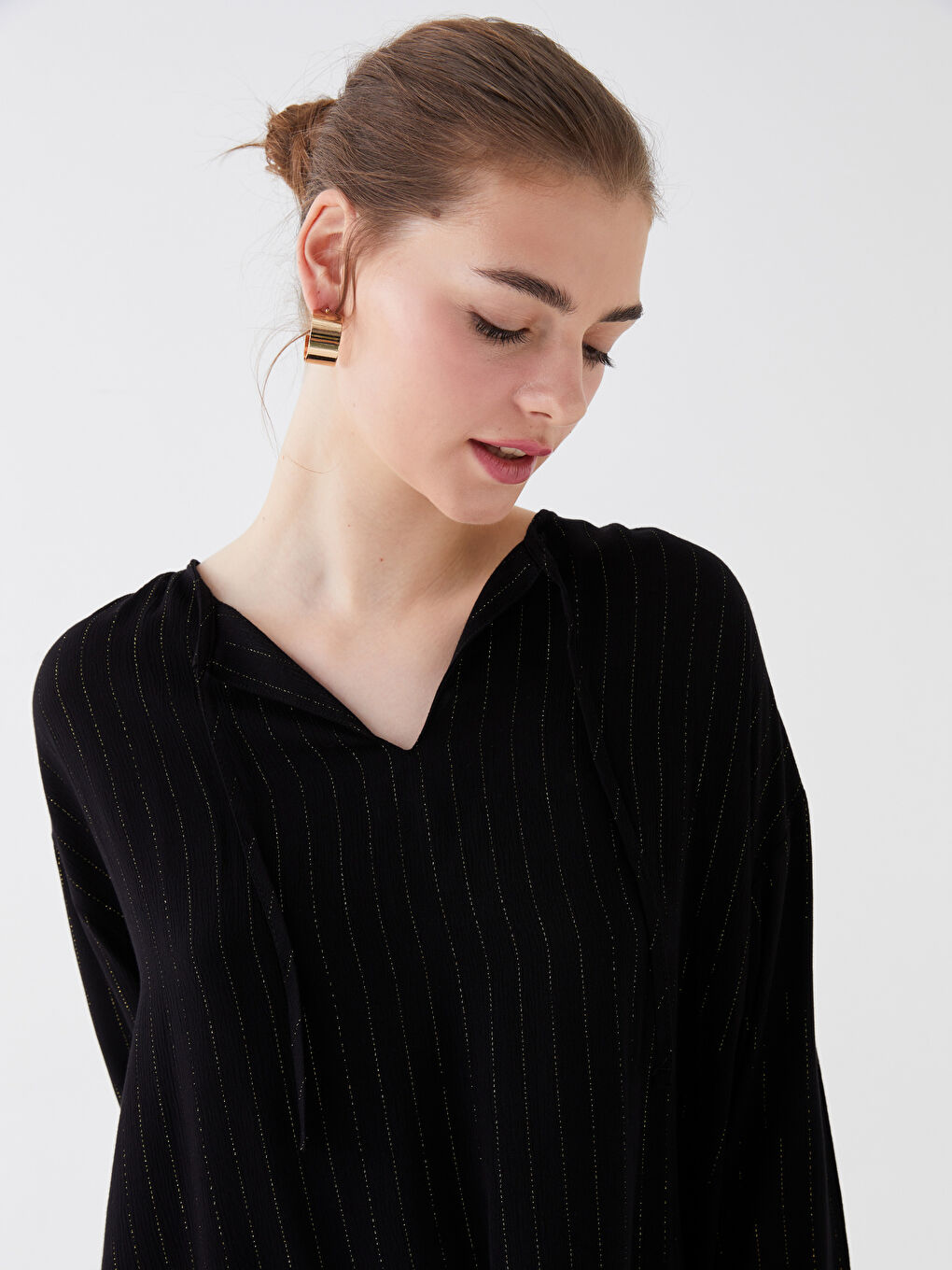 Tie Neck Striped Long Sleeve Women's Blouse-2