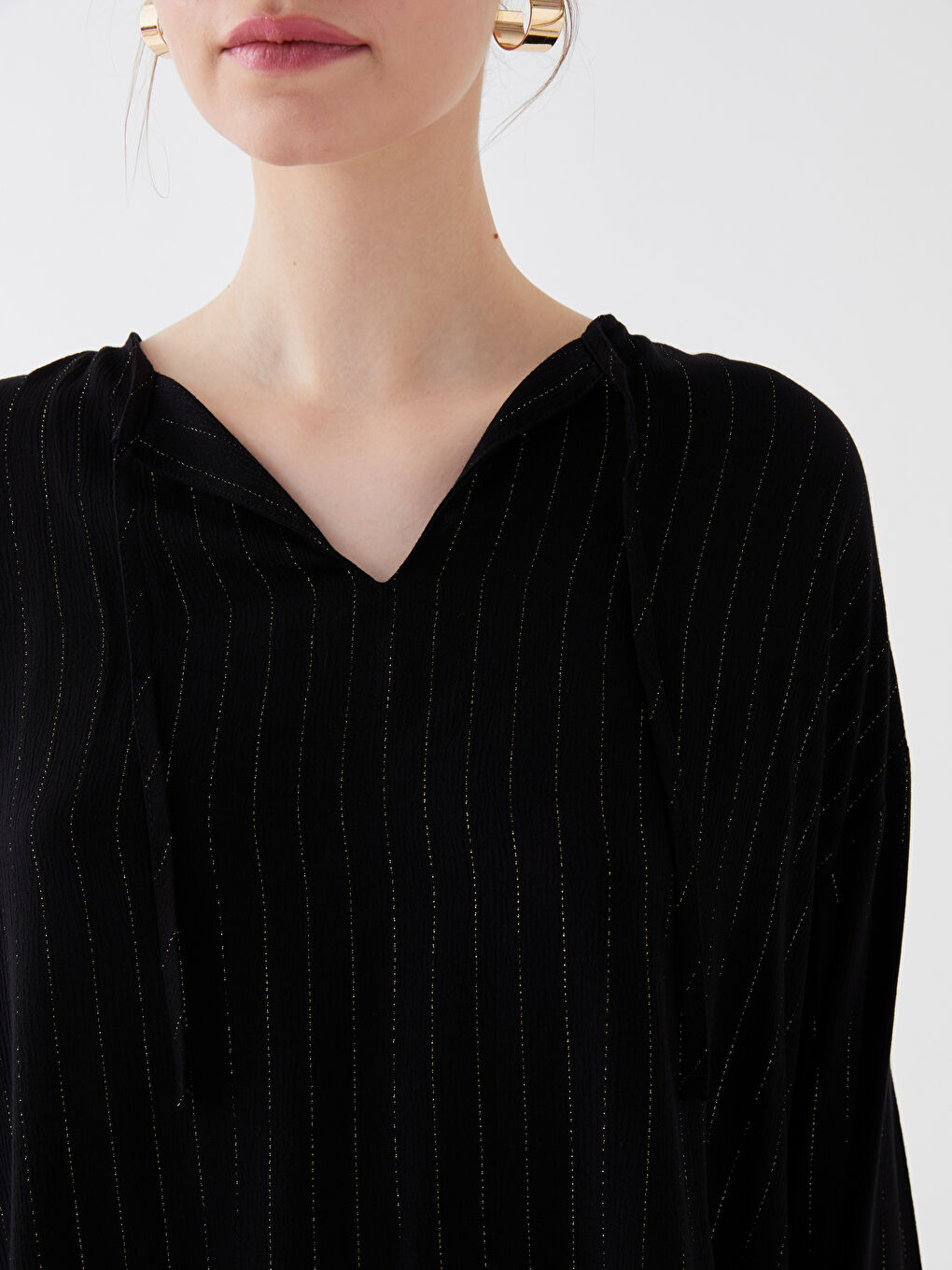 Tie Neck Striped Long Sleeve Women's Blouse-3