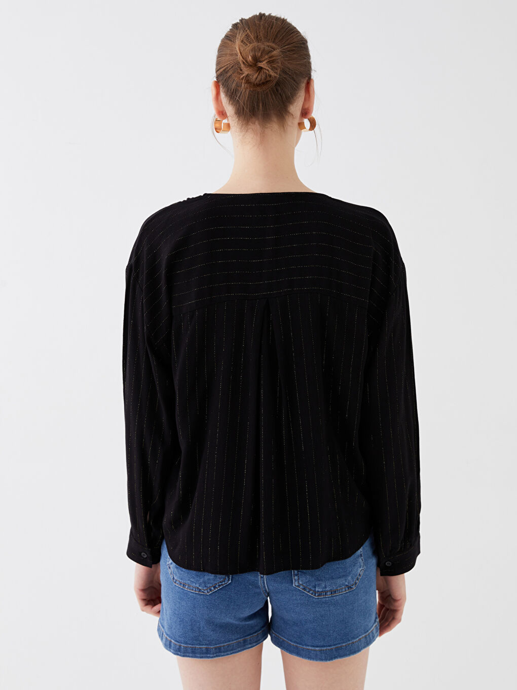 Tie Neck Striped Long Sleeve Women's Blouse-4