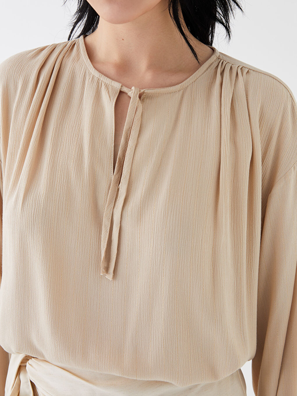 Ekru Bağlamalı Yaka Çizgili Uzun Kollu Kadın Bluz-3