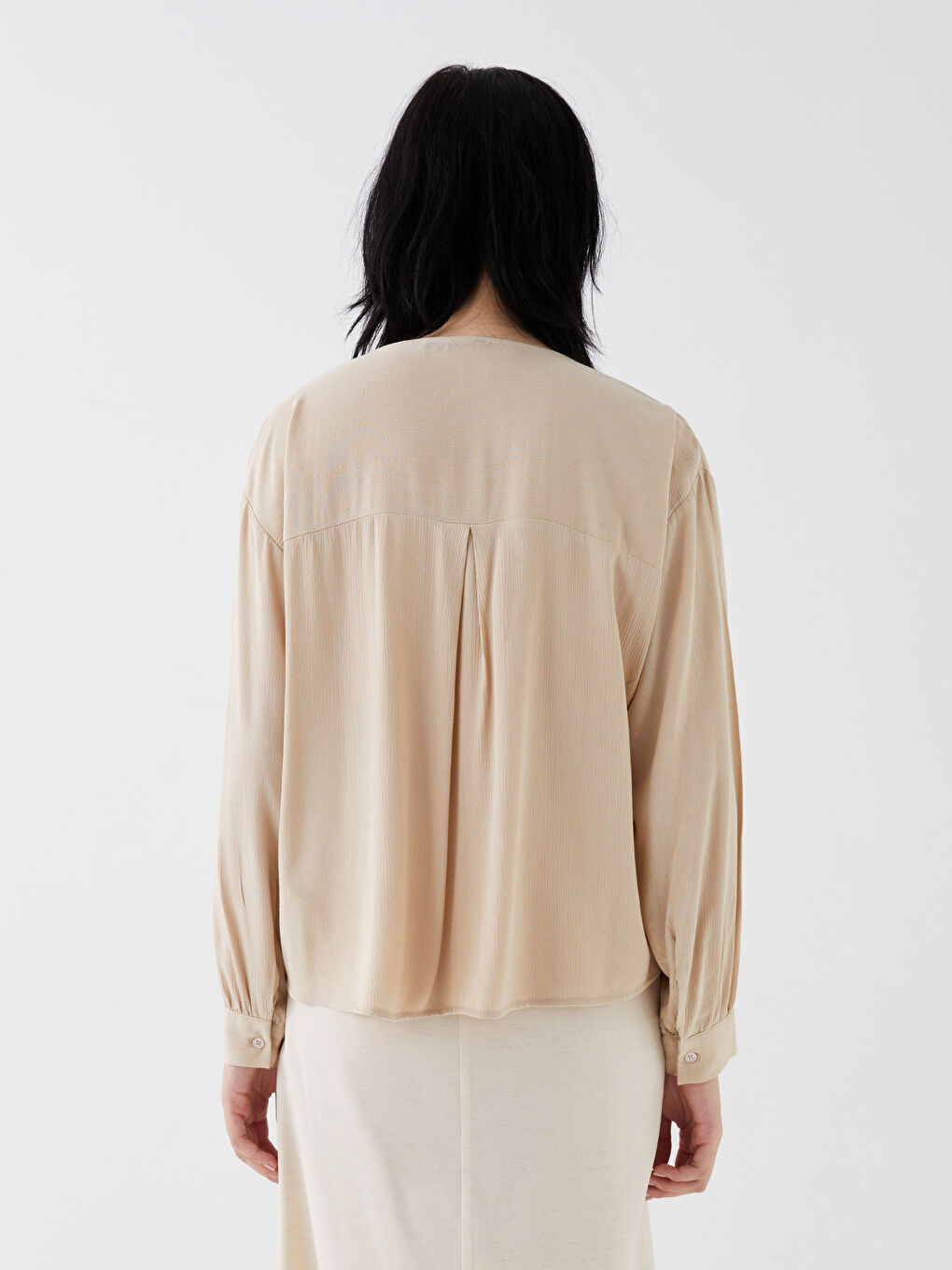 Ekru Bağlamalı Yaka Çizgili Uzun Kollu Kadın Bluz-4