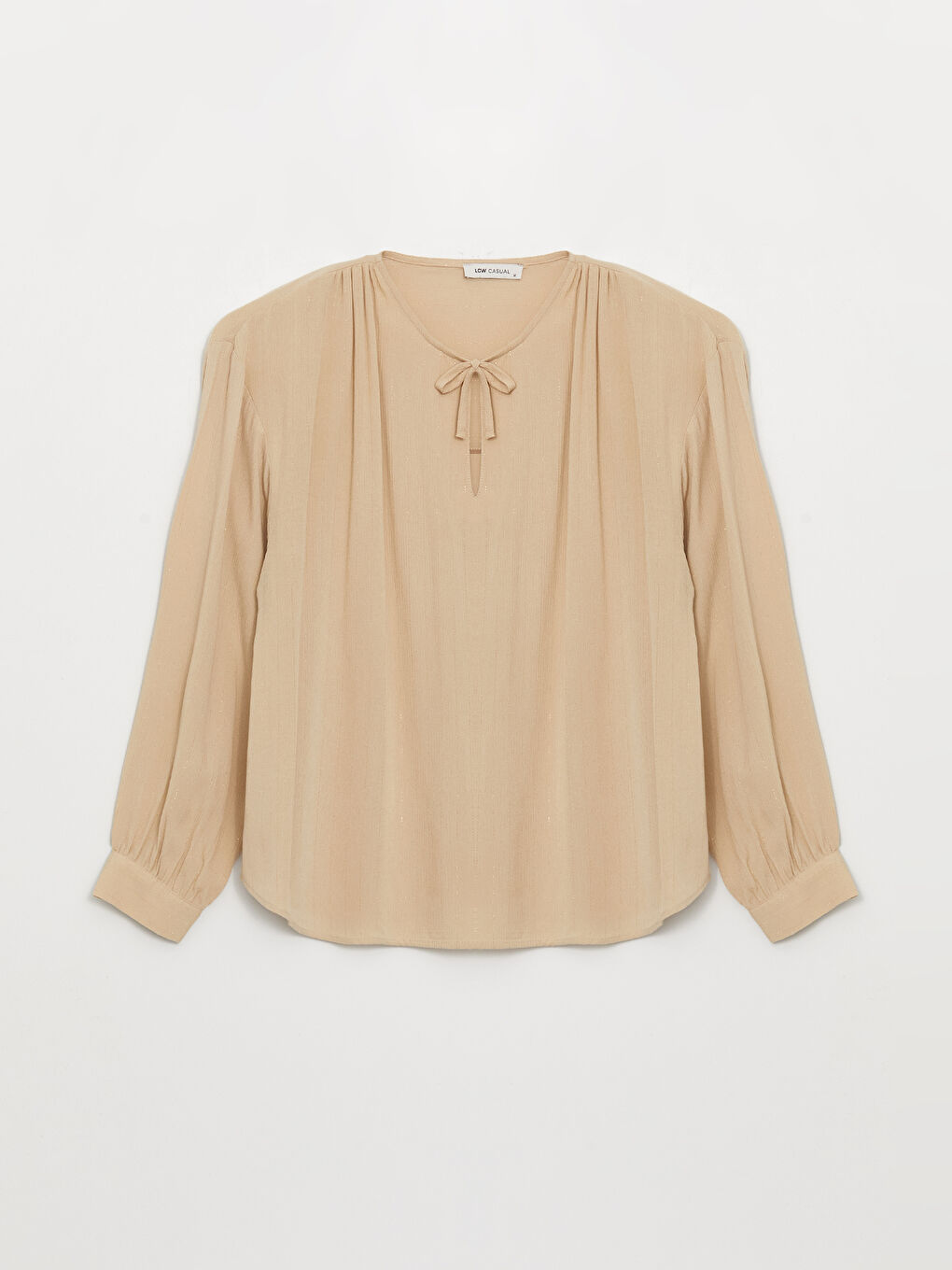 Ekru Bağlamalı Yaka Çizgili Uzun Kollu Kadın Bluz-5