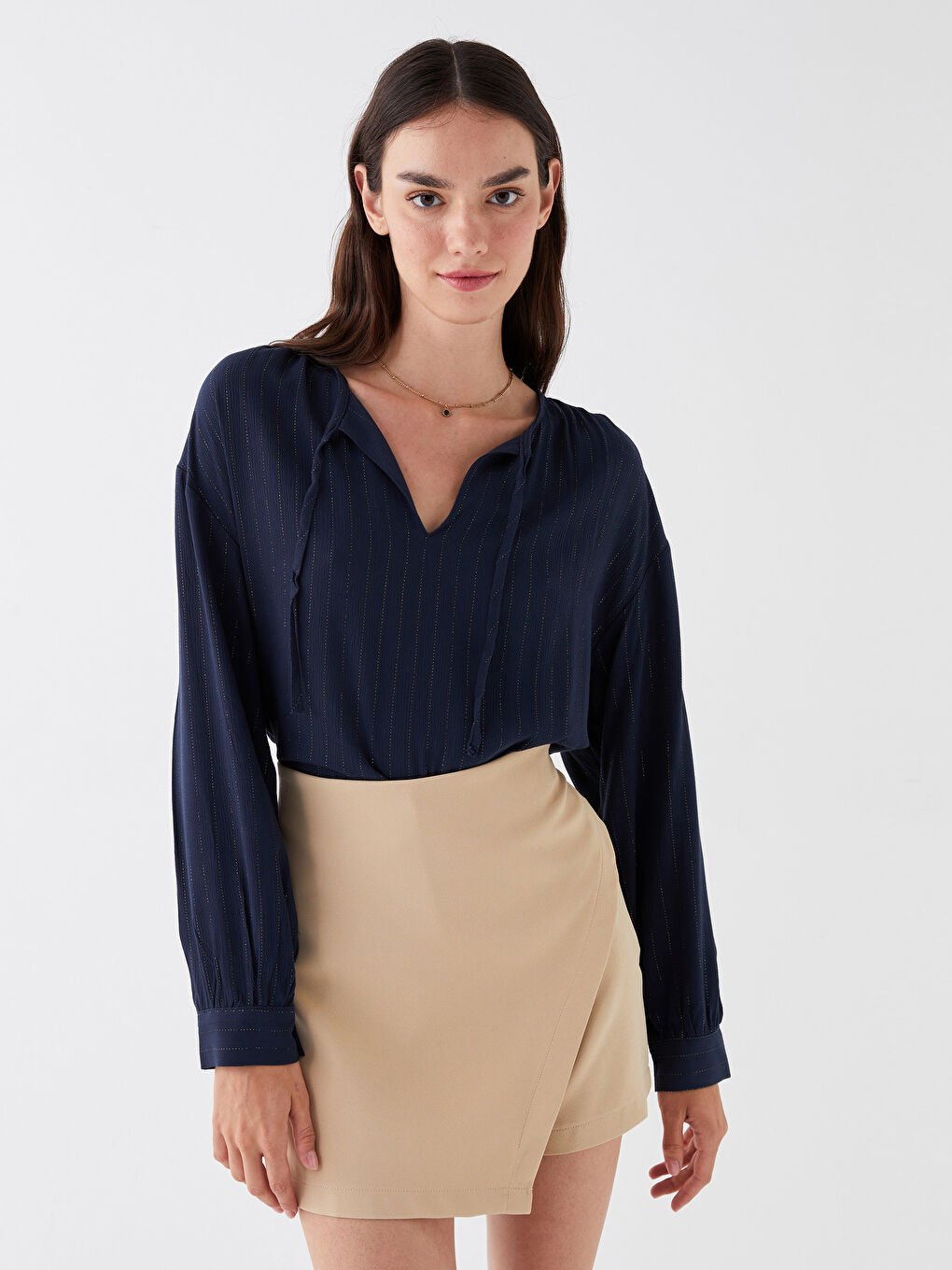 Tie Neck Striped Long Sleeve Women's Blouse