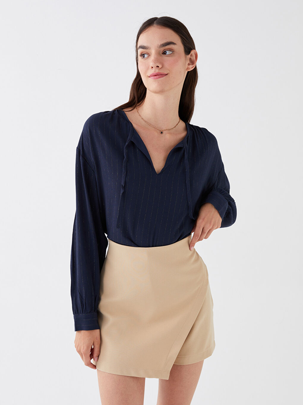 Tie Neck Striped Long Sleeve Women's Blouse-1