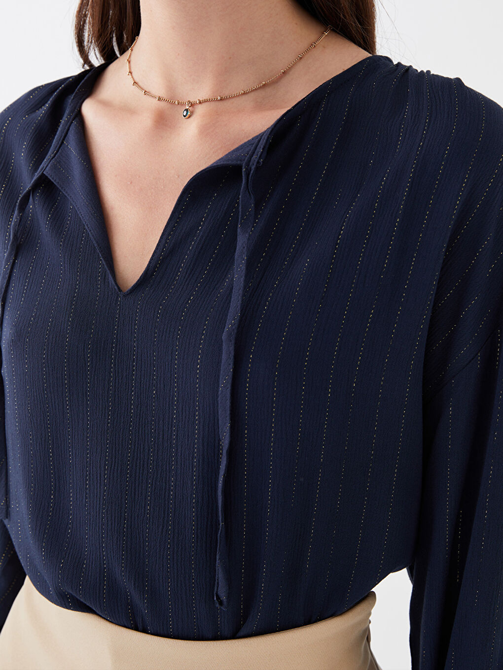 Tie Neck Striped Long Sleeve Women's Blouse-3