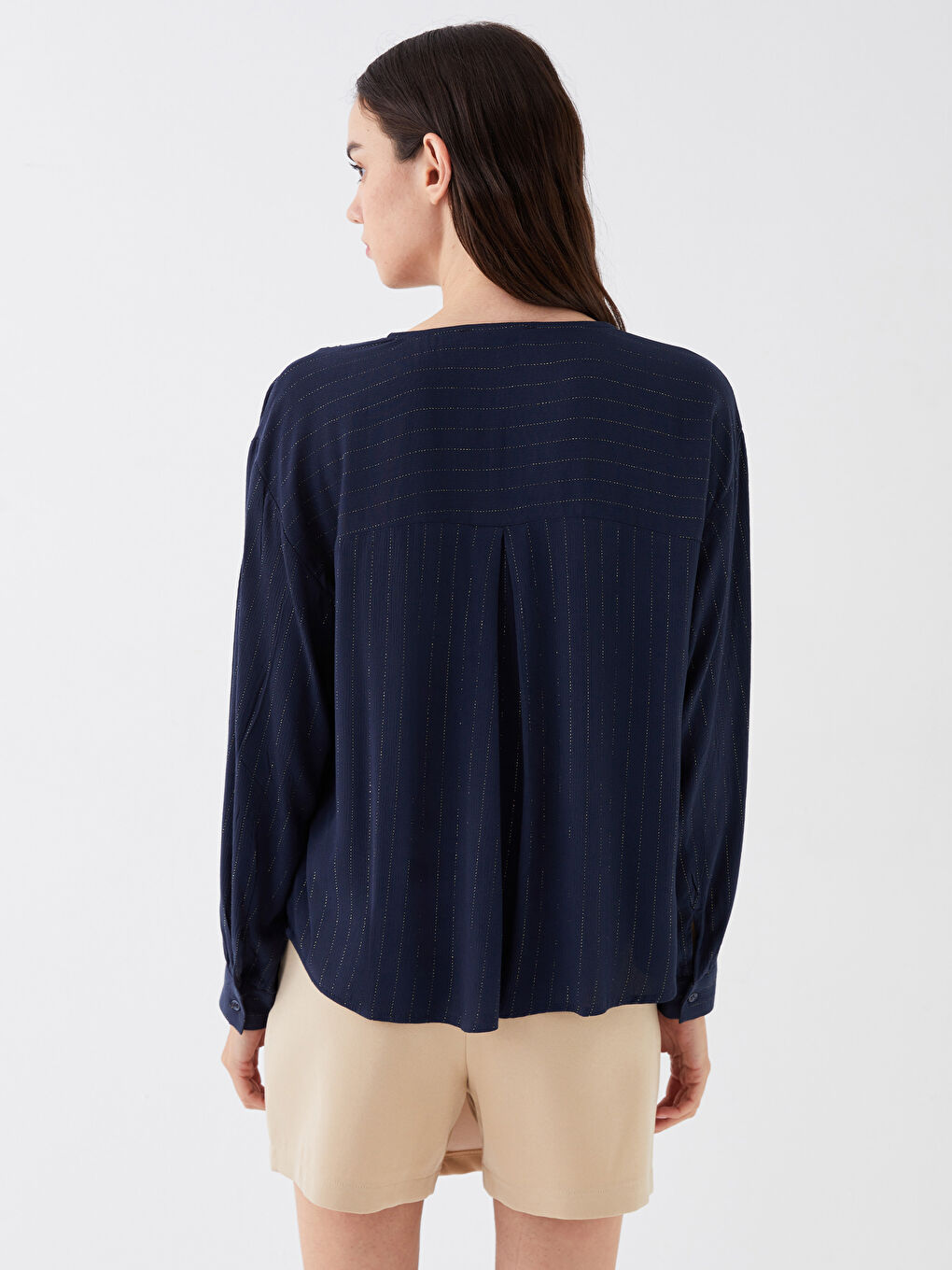 Tie Neck Striped Long Sleeve Women's Blouse-4