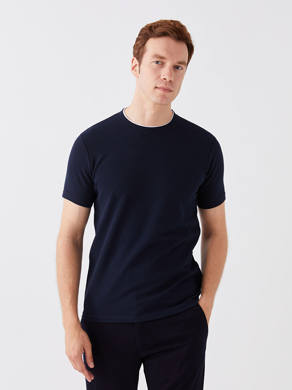 Lacivert Bisiklet Yaka Kısa Kollu Erkek Tişört-1