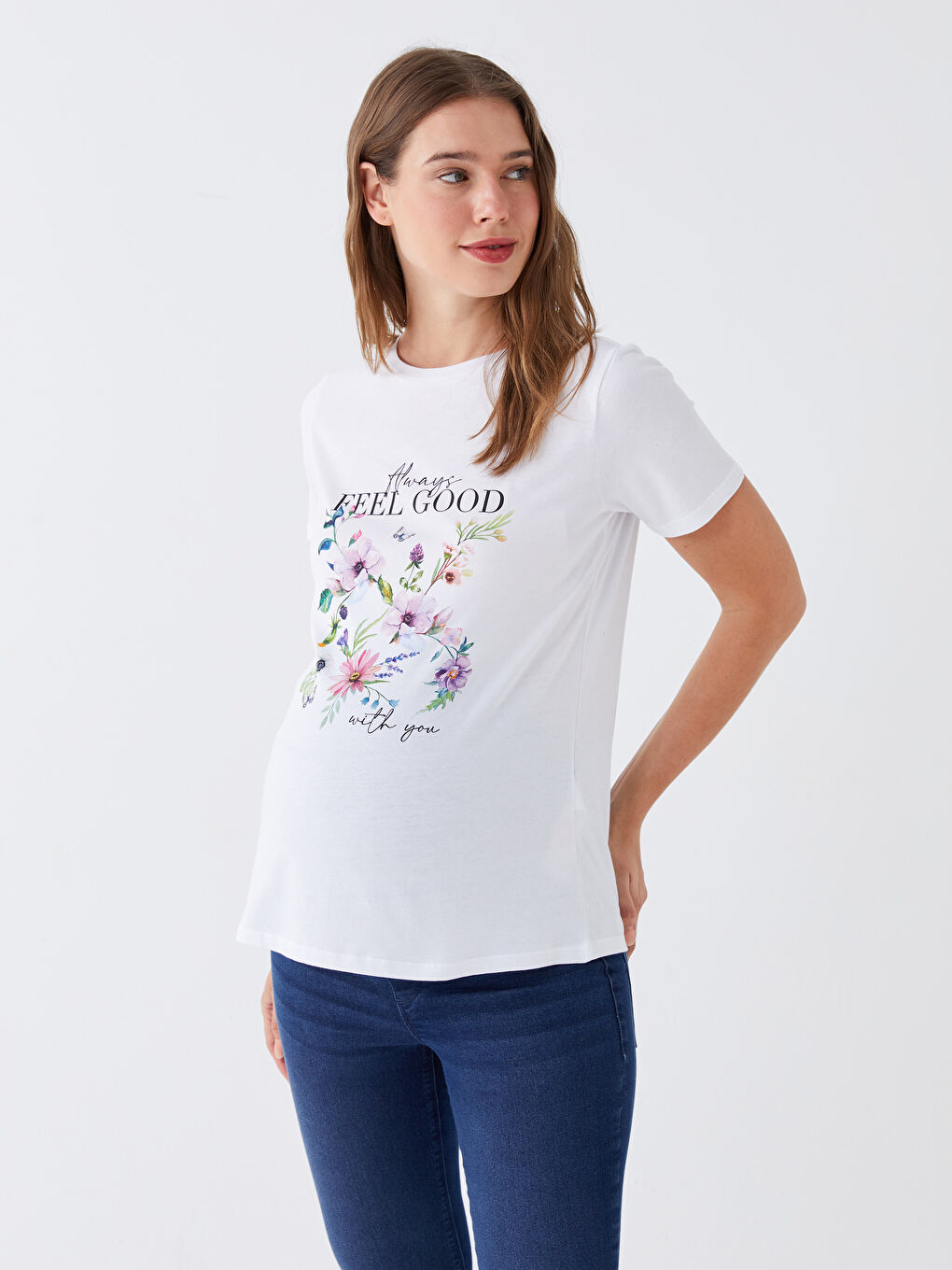 Crew Neck Printed Short Sleeve Maternity T-shirt -S3JR17Z8-Q6K