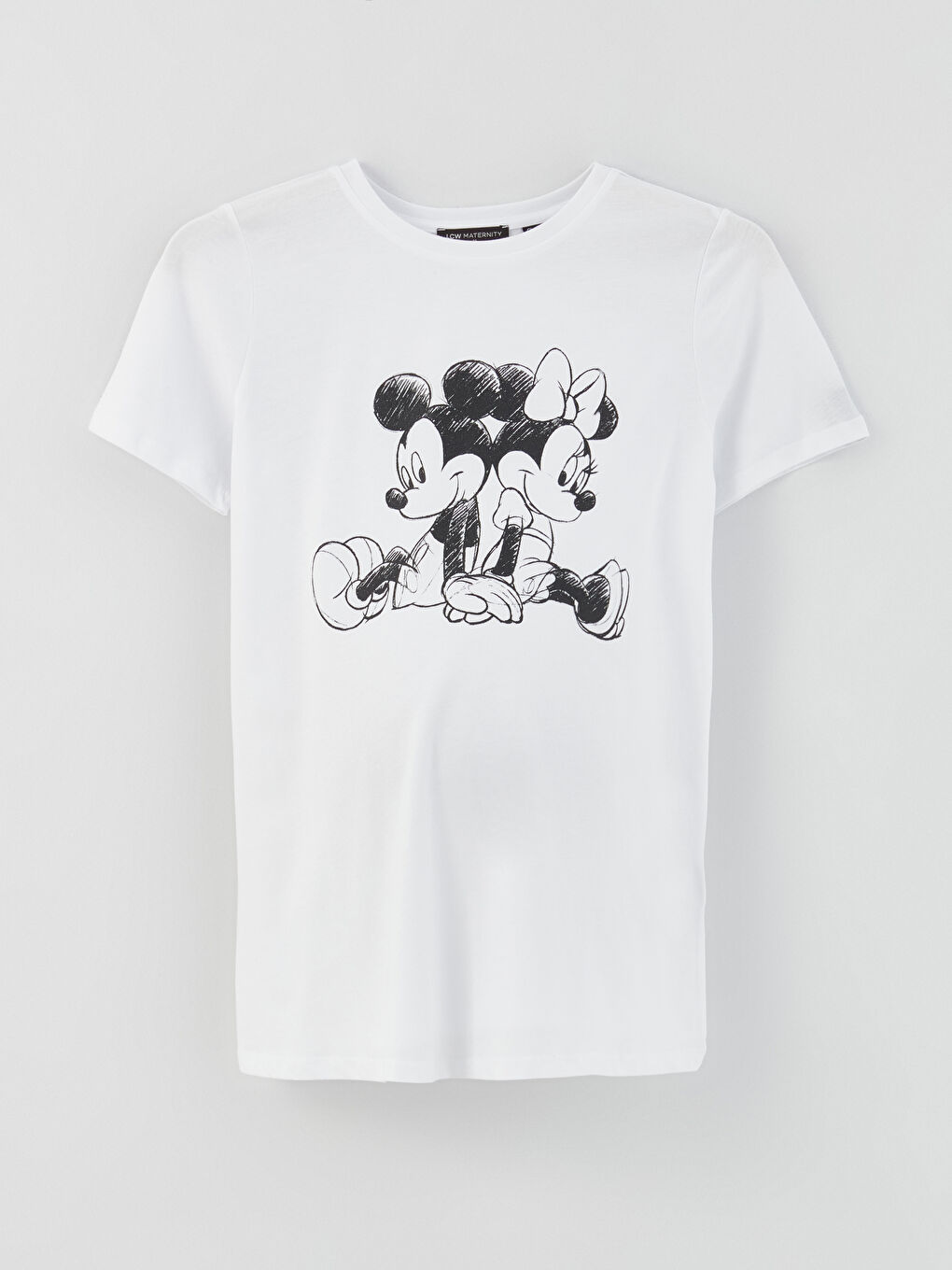 Beyaz Bisiklet Yaka Mickey Mouse Baskılı Kısa Kollu Hamile Tişört-6