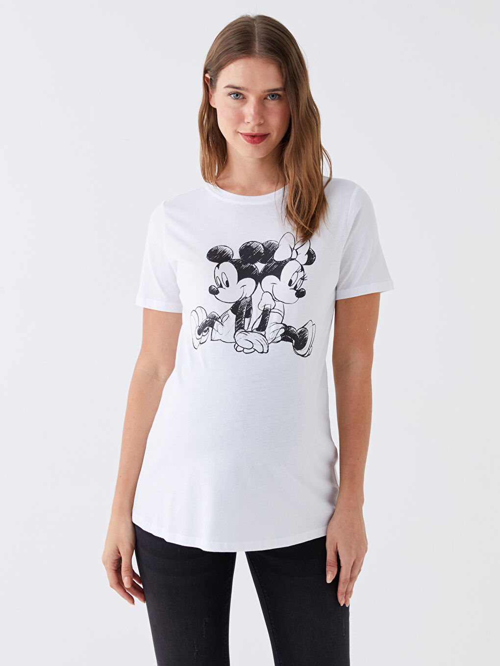 Beyaz Bisiklet Yaka Mickey Mouse Baskılı Kısa Kollu Hamile Tişört