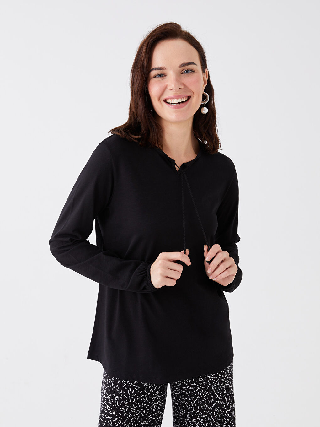 Tie Neck Plain Long Sleeve Women's Blouse