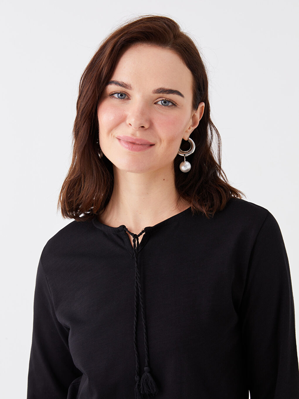 Tie Neck Plain Long Sleeve Women's Blouse-2