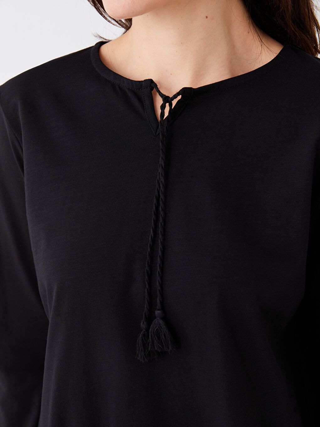 Tie Neck Plain Long Sleeve Women's Blouse-3