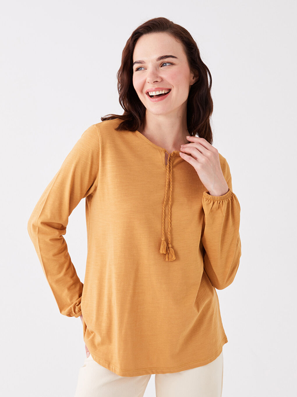 Tie Neck Plain Long Sleeve Women's Blouse