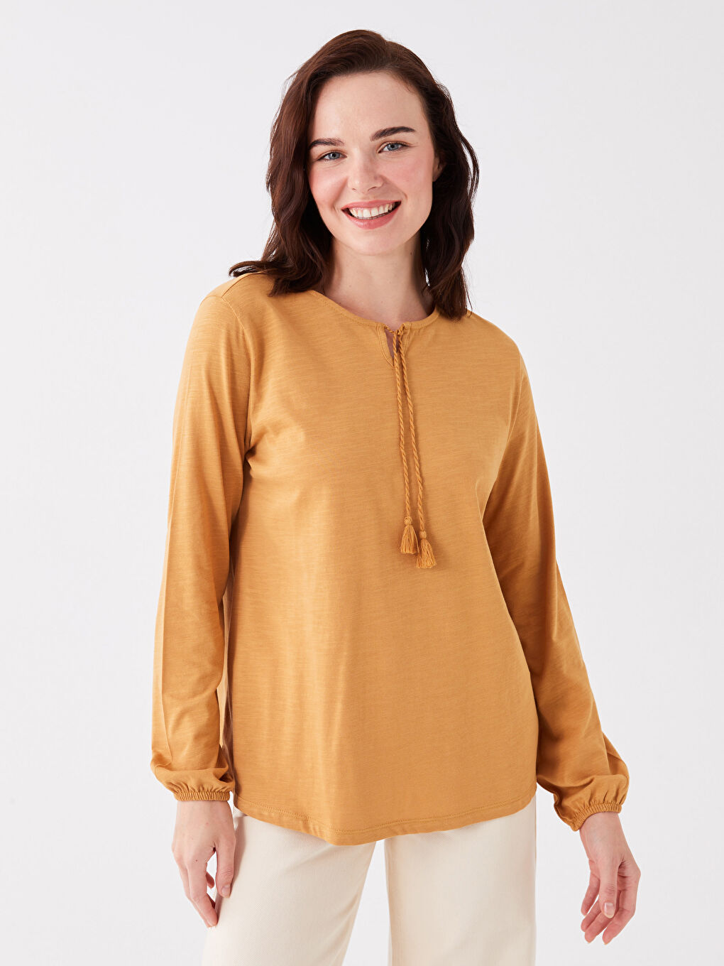 Tie Neck Plain Long Sleeve Women's Blouse-1