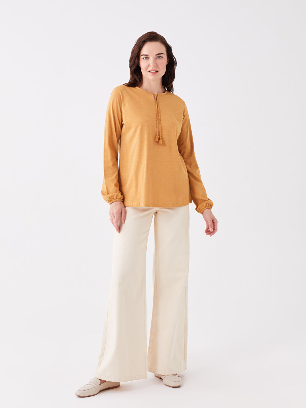 Tie Neck Plain Long Sleeve Women's Blouse-2