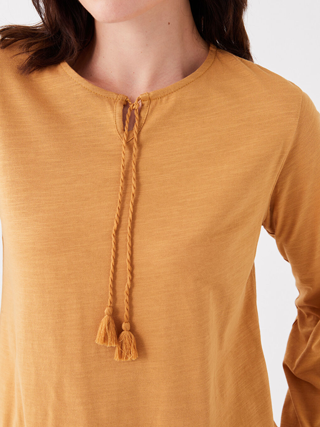 Tie Neck Plain Long Sleeve Women's Blouse-3