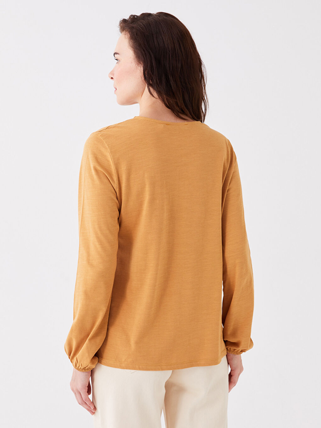 Tie Neck Plain Long Sleeve Women's Blouse-4