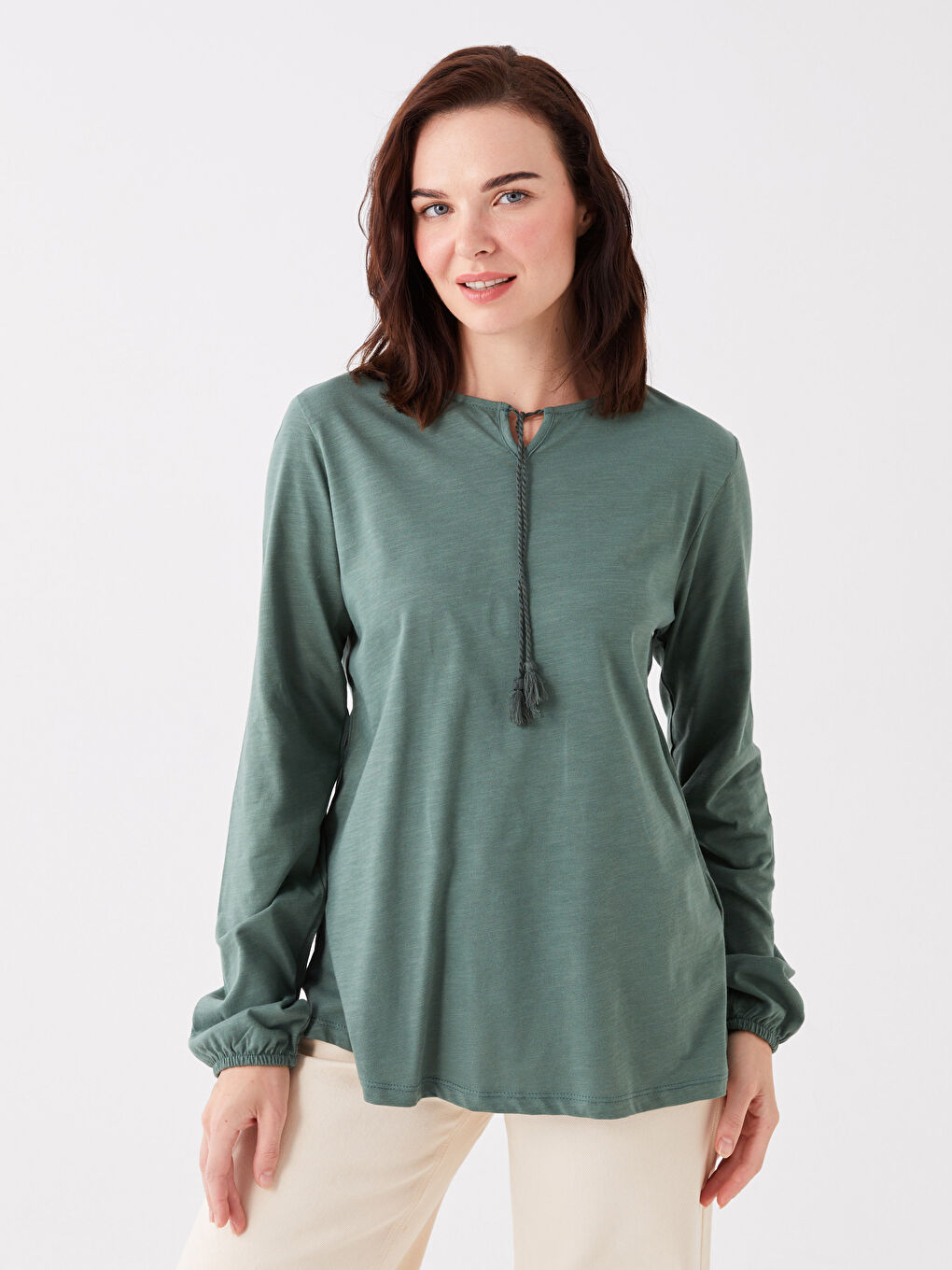 Yeşil Bağlamalı Yaka Düz Uzun Kollu Kadın Bluz