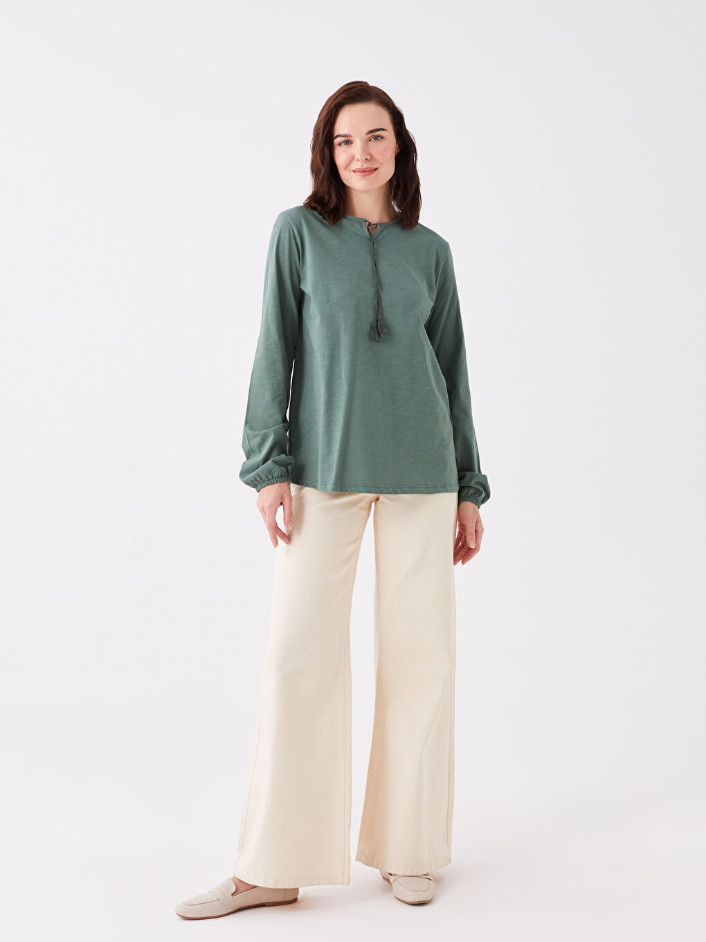 Yeşil Bağlamalı Yaka Düz Uzun Kollu Kadın Bluz-2