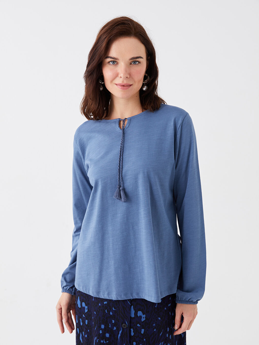 İndigo Bağlamalı Yaka Düz Uzun Kollu Kadın Bluz