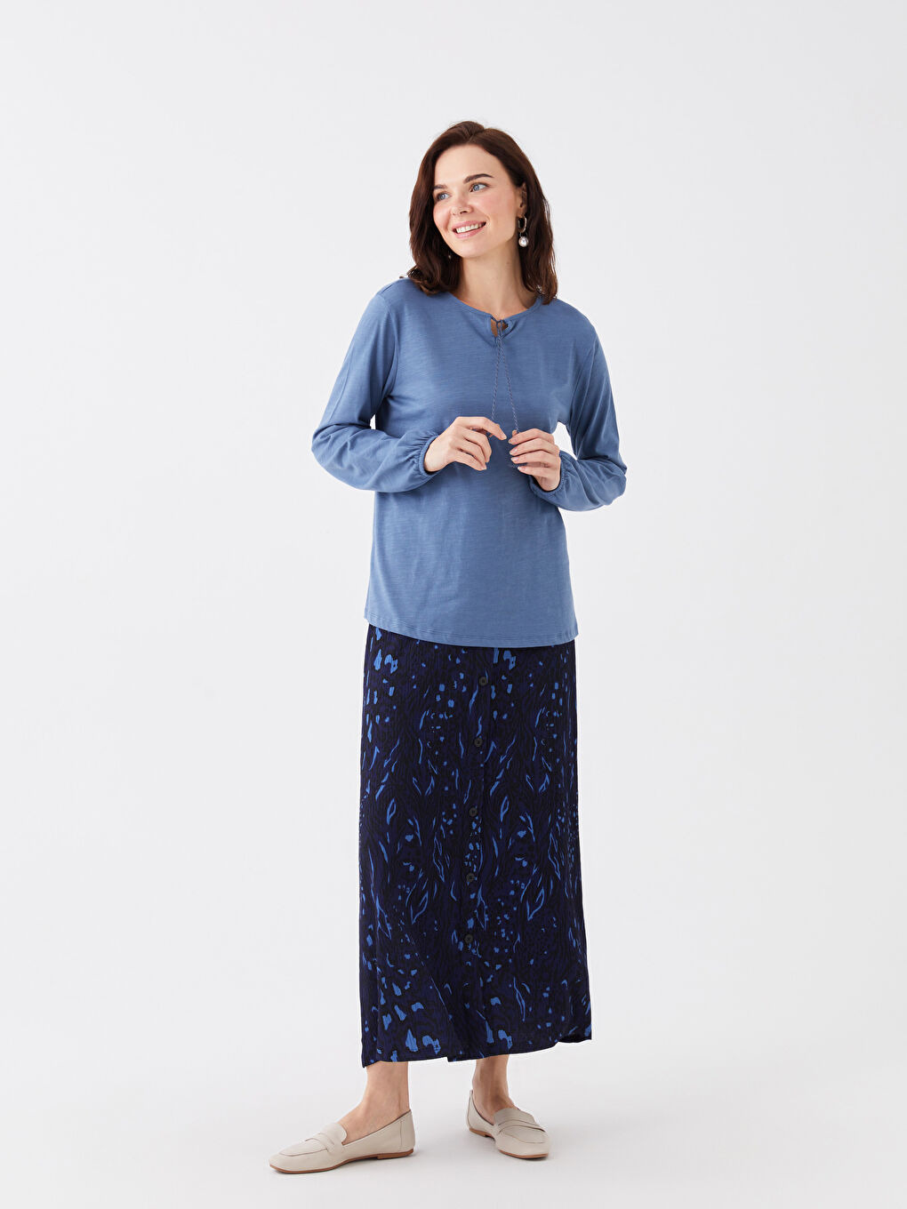 İndigo Bağlamalı Yaka Düz Uzun Kollu Kadın Bluz-1