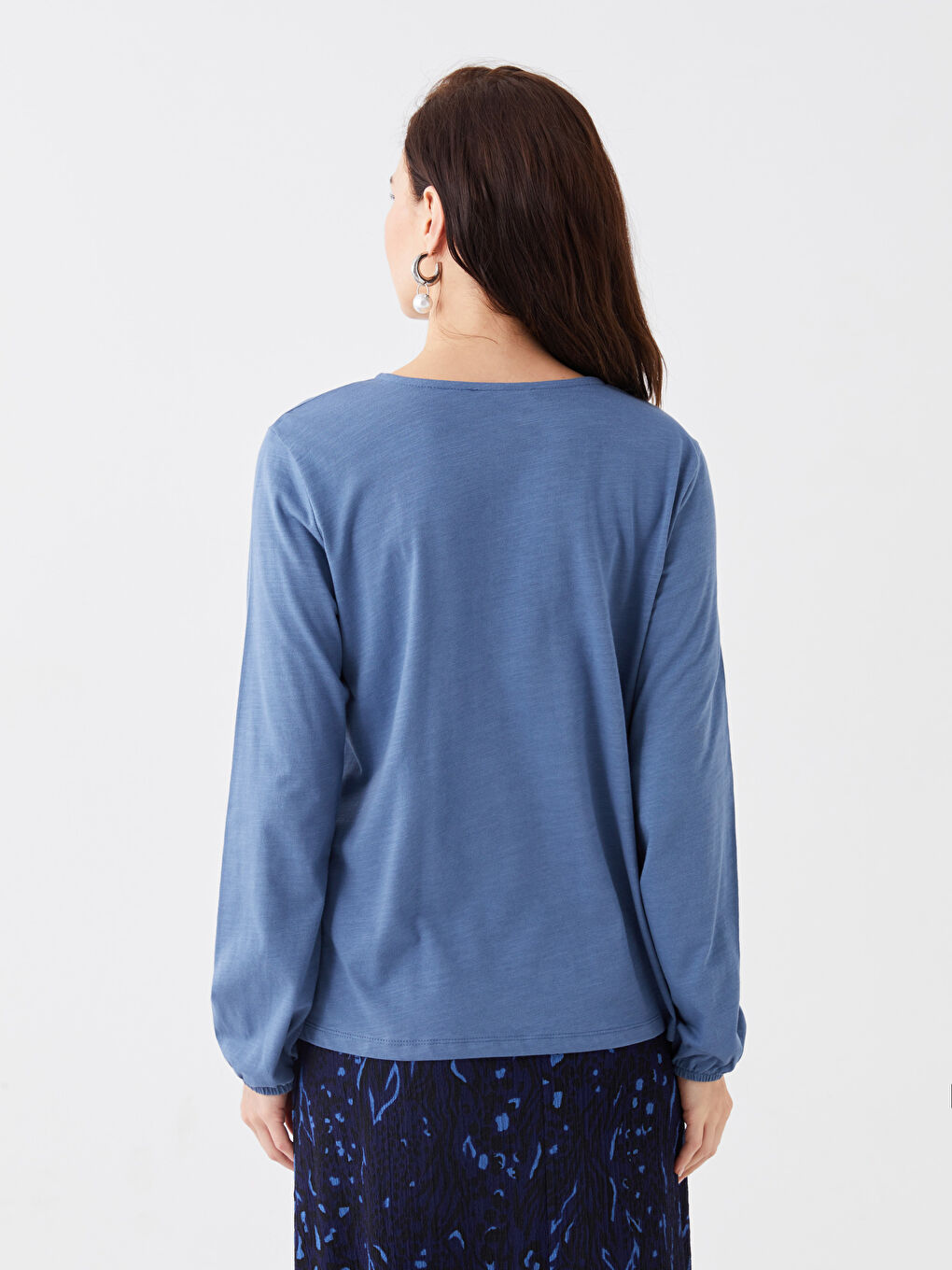 İndigo Bağlamalı Yaka Düz Uzun Kollu Kadın Bluz-4