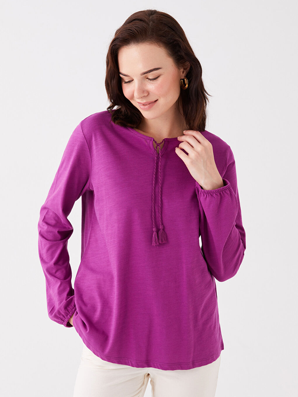 Mor Bağlamalı Yaka Düz Uzun Kollu Kadın Bluz