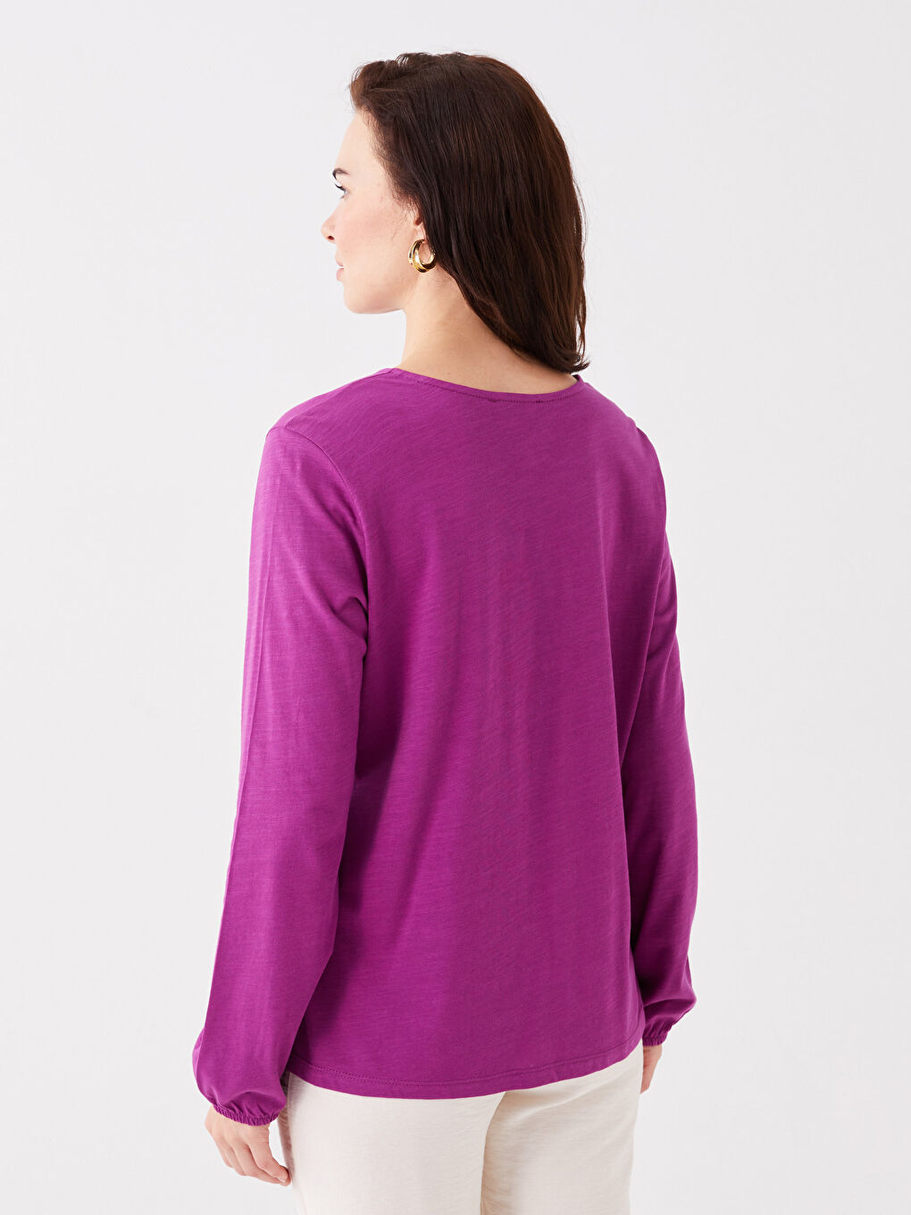 Mor Bağlamalı Yaka Düz Uzun Kollu Kadın Bluz-4