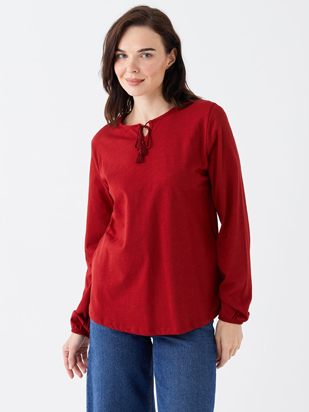 Kırmızı Bağlamalı Yaka Düz Uzun Kollu Kadın Bluz