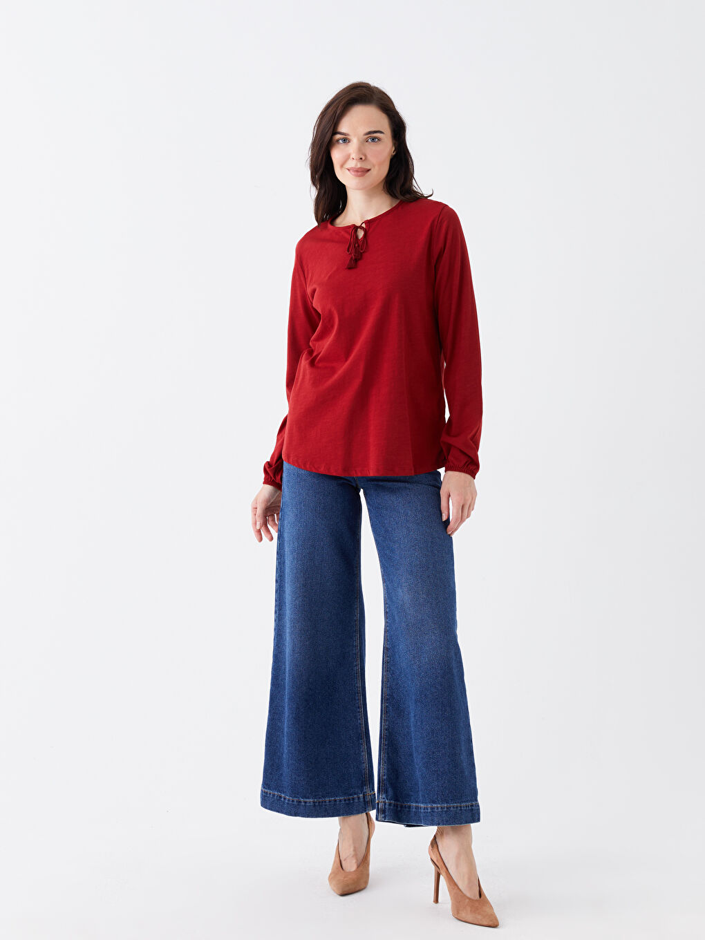Kırmızı Bağlamalı Yaka Düz Uzun Kollu Kadın Bluz-1