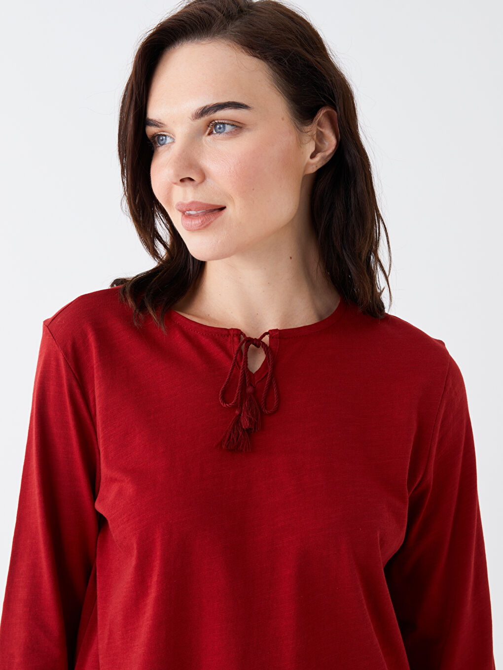 Kırmızı Bağlamalı Yaka Düz Uzun Kollu Kadın Bluz-2