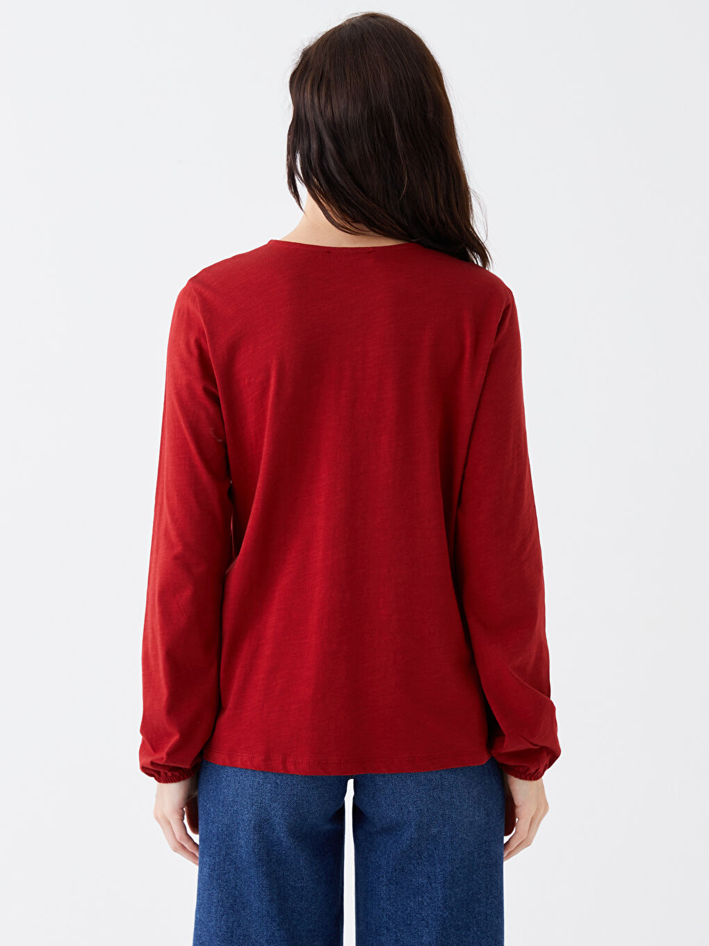 Kırmızı Bağlamalı Yaka Düz Uzun Kollu Kadın Bluz-4