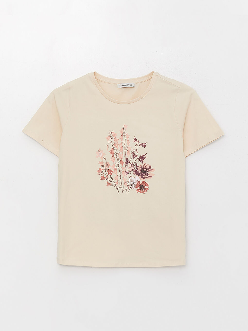 Bej Bisiklet Yaka Baskılı Kısa Kollu Kadın Tişört-5