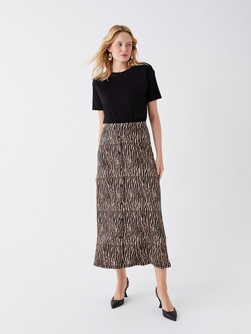 Women's Elastic Waist Patterned Flared Skirt -S3JR37Z8-LQB