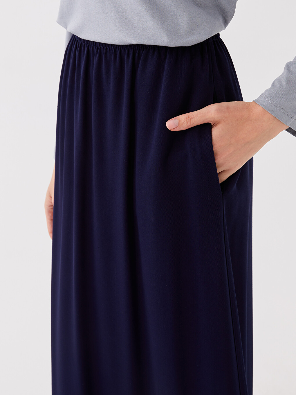 Lacivert Beli Lastikli Kadın Kloş Etek-4