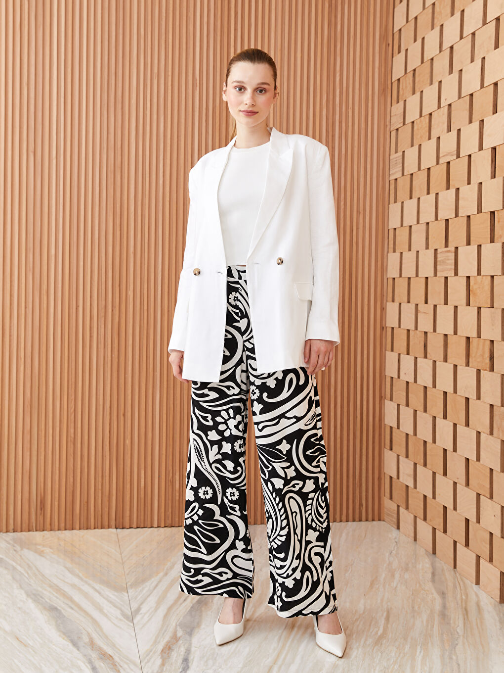 Elasticated Waist Patterned Wide Leg Women's Trousers