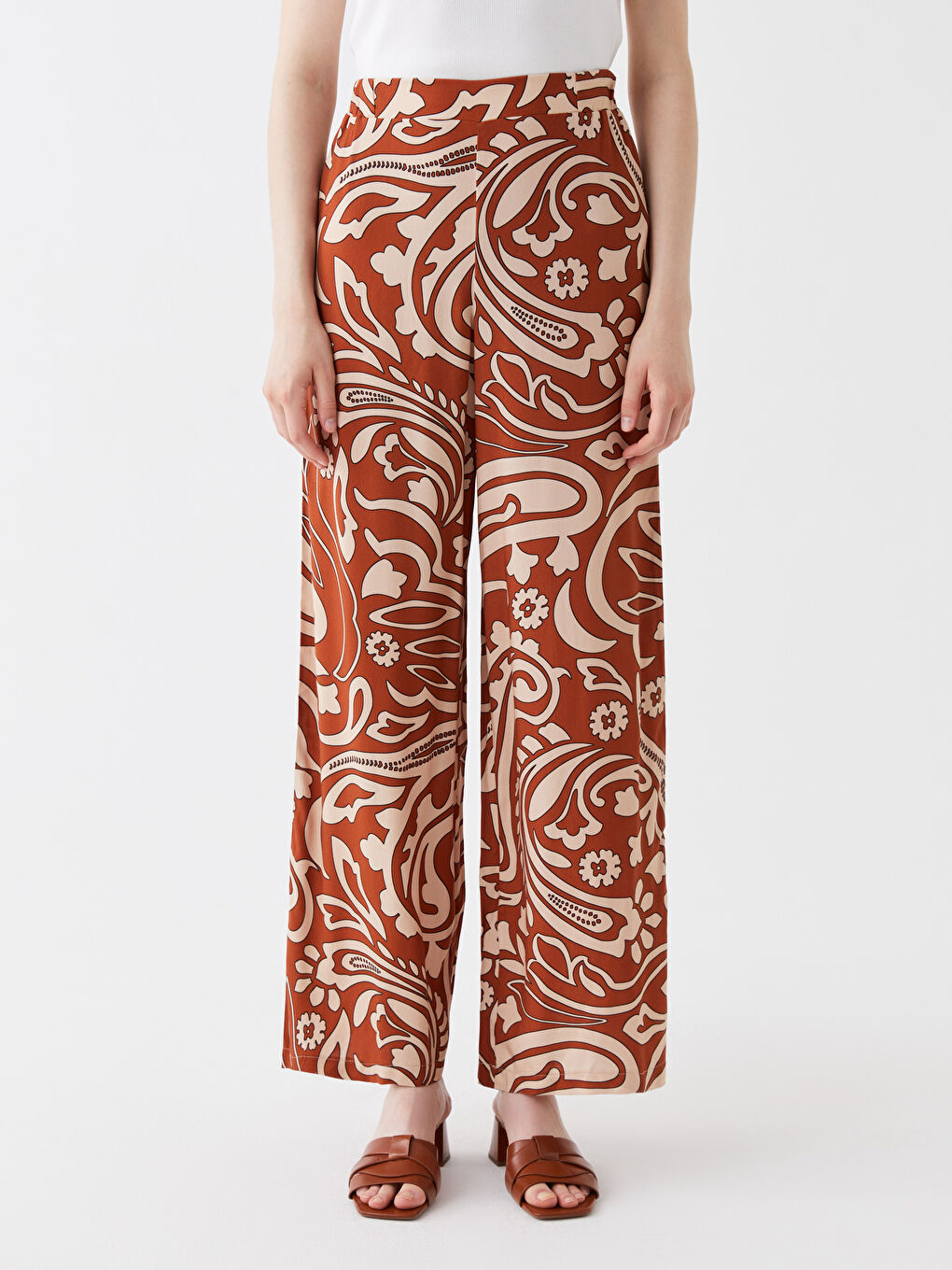 Kahverengi Beli Lastikli Desenli Geniş Paça Kadın Pantolon-2