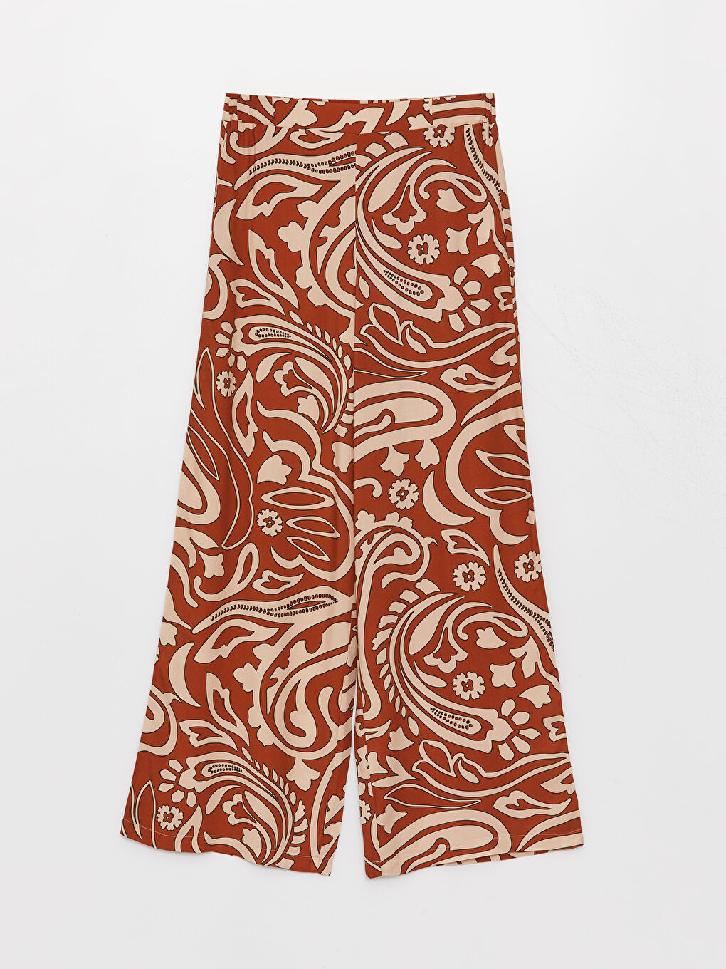 Kahverengi Beli Lastikli Desenli Geniş Paça Kadın Pantolon-4