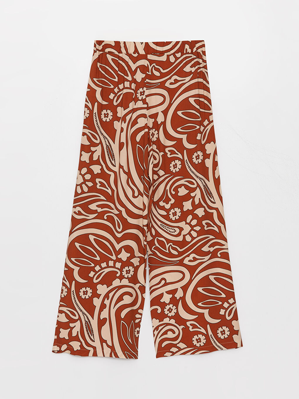 Kahverengi Beli Lastikli Desenli Geniş Paça Kadın Pantolon-5