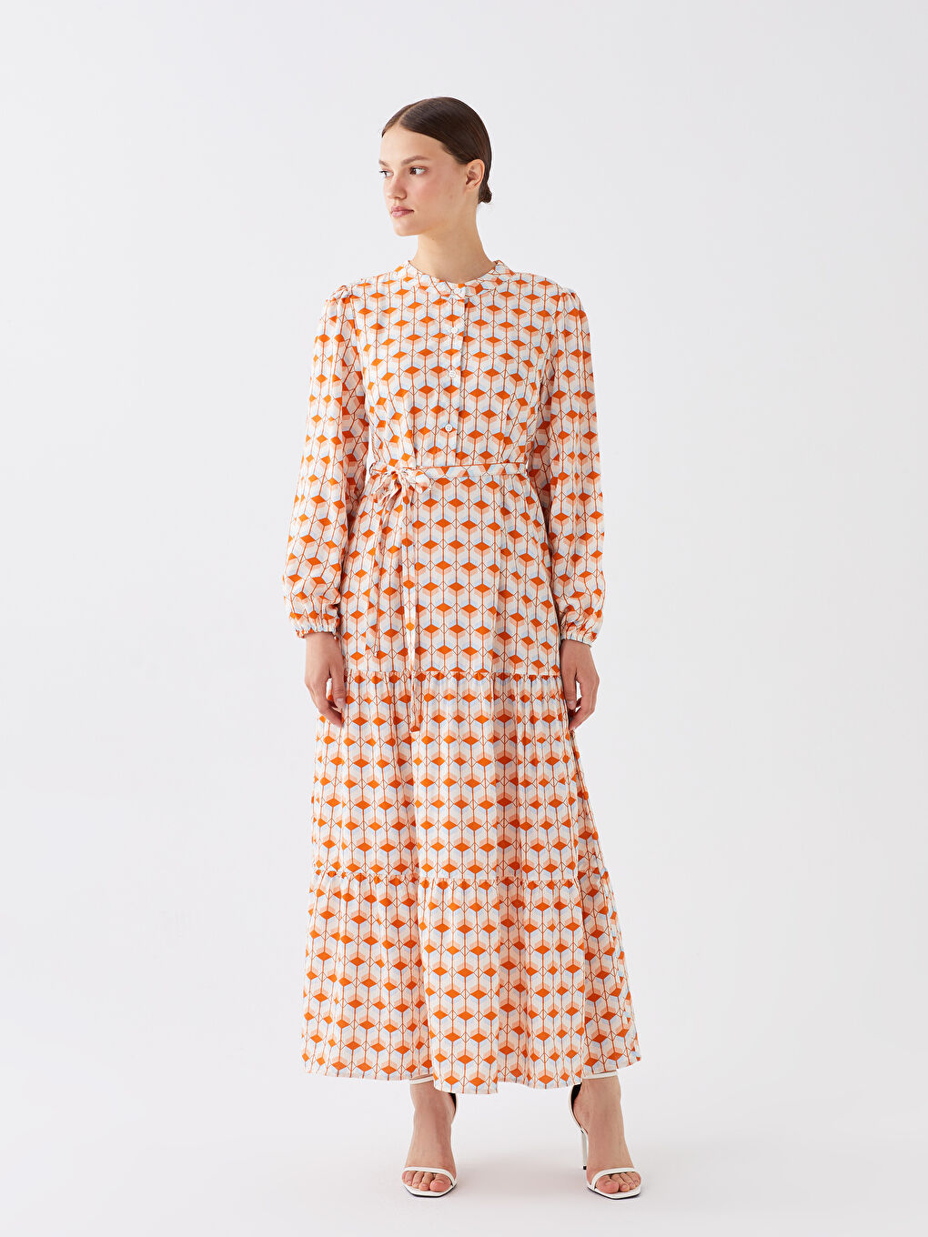 Turuncu Bisiklet Yaka Desenli Uzun Kollu Kadın Elbise