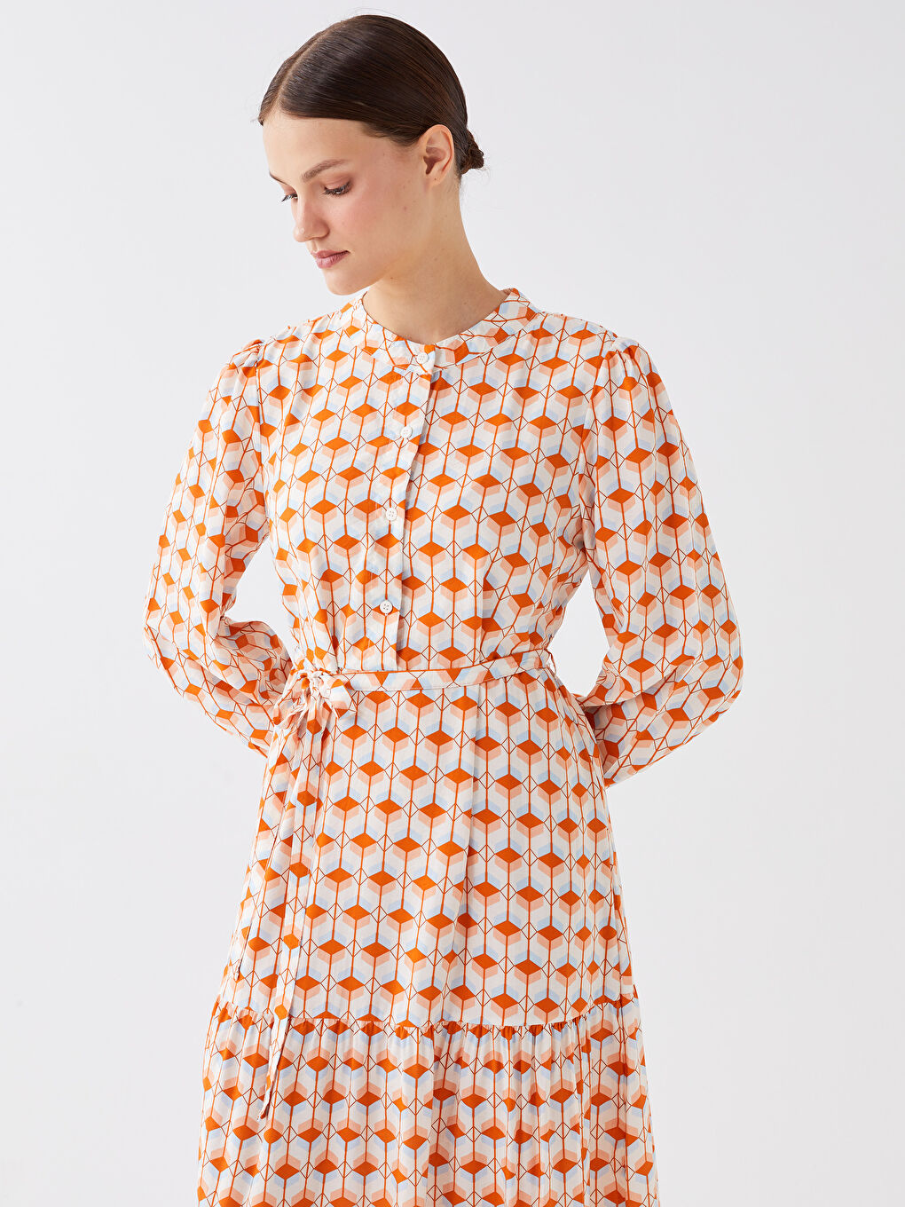 Turuncu Bisiklet Yaka Desenli Uzun Kollu Kadın Elbise-1